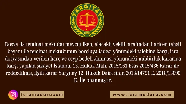 İcra dosyasında teminat mektubu mevcut iken haricen tahsil beyanı halinde tahsil harcı ve cezaevi harcı alınmalıdır