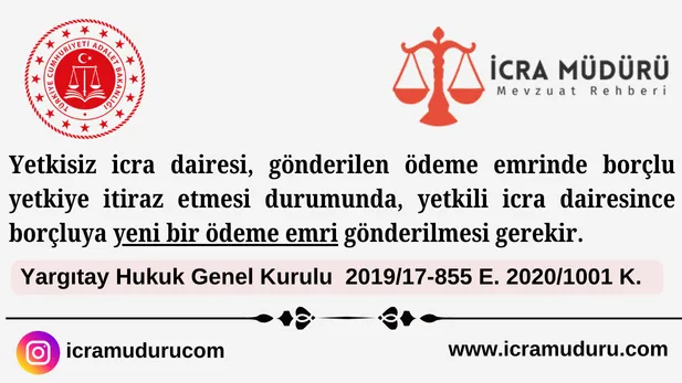 Yetkisiz icra dairesi, gönderilen ödeme emrinde borçlu yetkiye itiraz etmesi durumunda, yetkili icra dairesince  borçluya yeni bir ödeme emri gönderilmesi gerekir