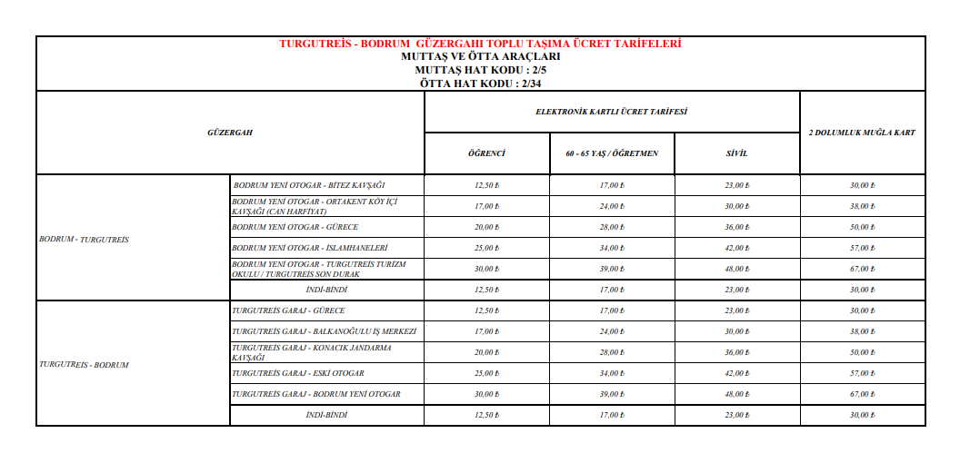 Turgutreis Bodrum Dolmuş Saatleri 20255