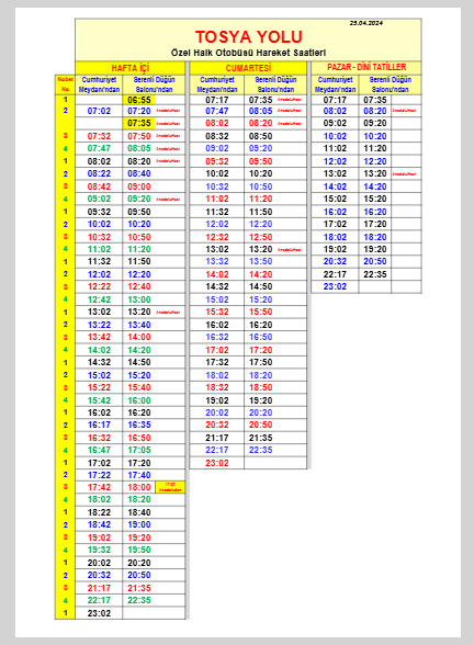 Tosya Yolu Dolmuş Saatleri 2025