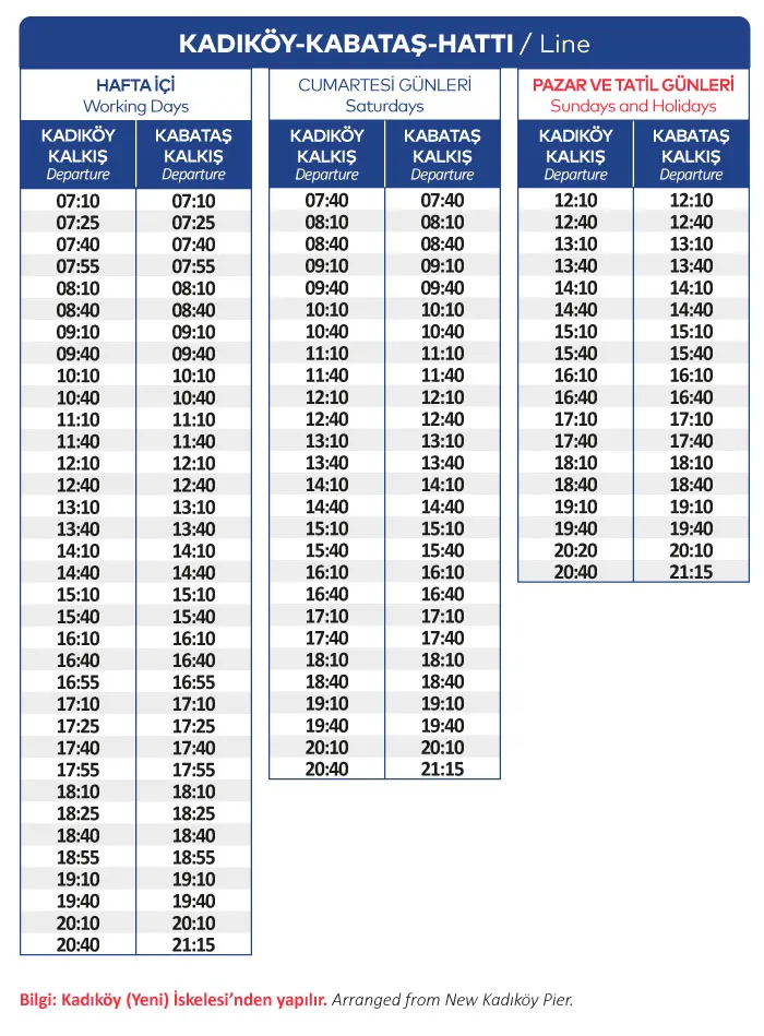 Kabataş Kadıköy vapur saatleri